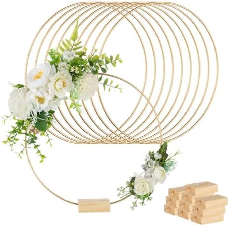 Selbro 10 Stuks 30cm Gouden Metaal Bloemen Hoepels met Houten Standaard voor Bruiloft Tafel Decoratie