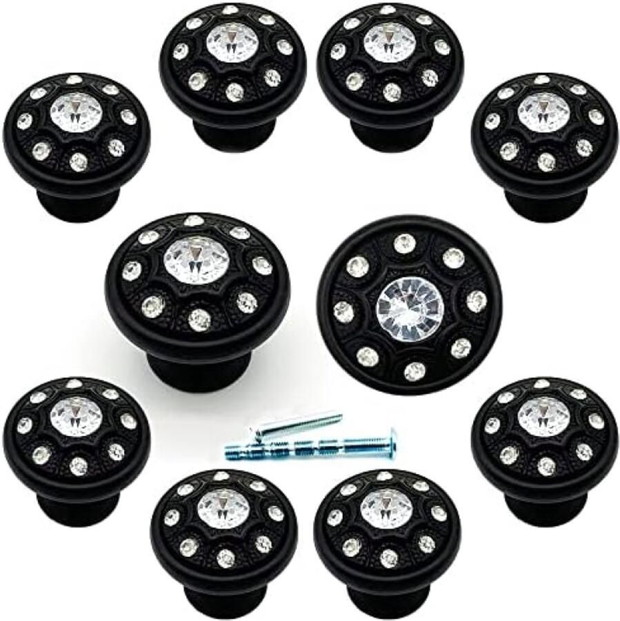 Selbro 10 Stuks Glanzende Cabochon Diamant Kristal Ladeknoppen Grote Sparkling Kristal Omringende Edelstenen Dressoir Knoppen Moderne Elegante Meubel Decoratie (Zwart)