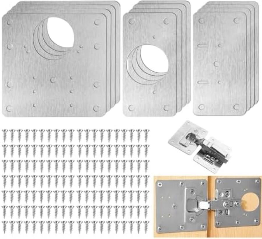 Selbro 12 Delige Scharnierreparatieset met 192 Schroeven Reparatieplaten Keukenscharnieren Reparatieplaat Kastscharnieren met Gat Reparatieplaat Roestvrijstalen Kastscharnieren Voor Meubels Kasten Deuren
