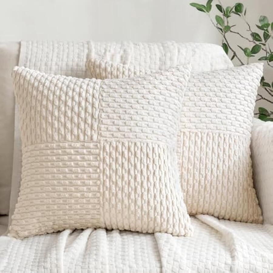 Selbro 2-delige corduroy patchwork kussenhoezen voor bank decoratieve kussenslopen moderne zachte vierkante kussenslopen voor slaapkamer woonkamer 40x40 cm beige