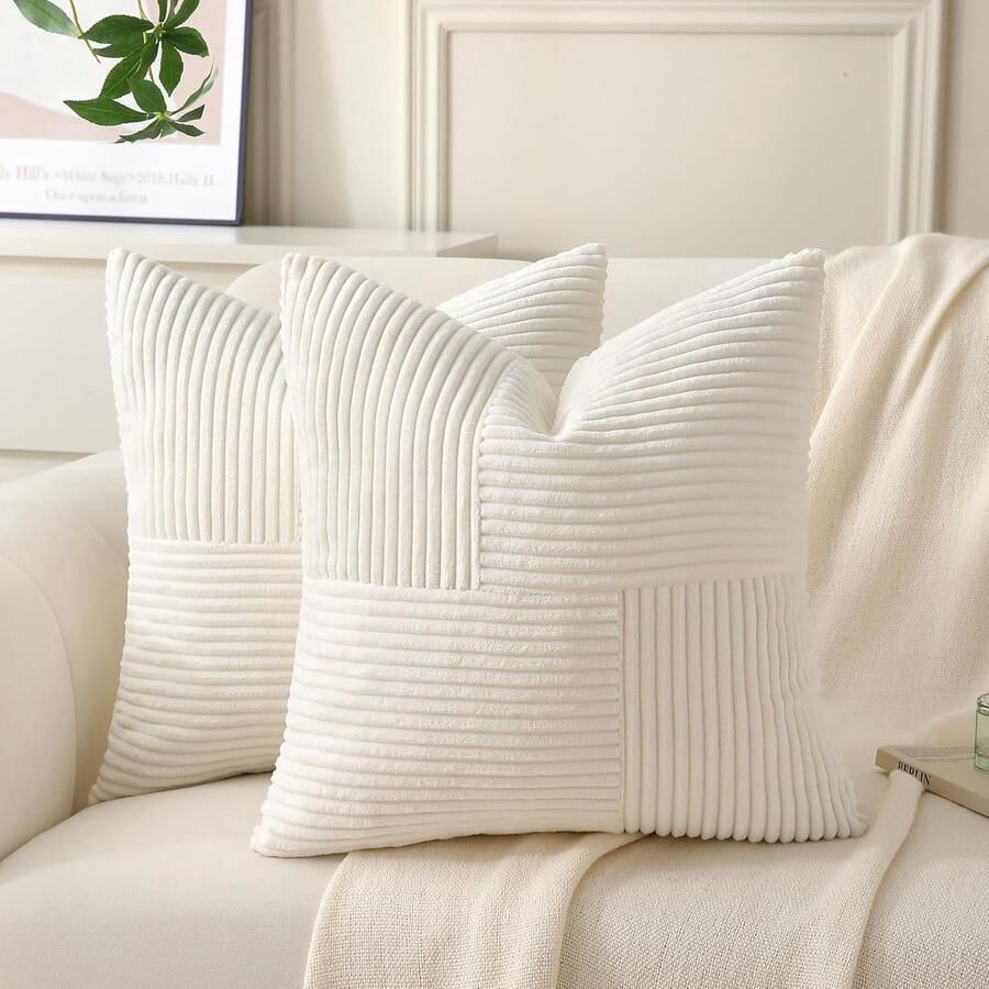 Selbro 2-delige corduroy patchwork kussenhoezen voor bank decoratieve kussenslopen moderne zachte vierkante kussenslopen voor slaapkamer woonkamer 40x40 cm beige