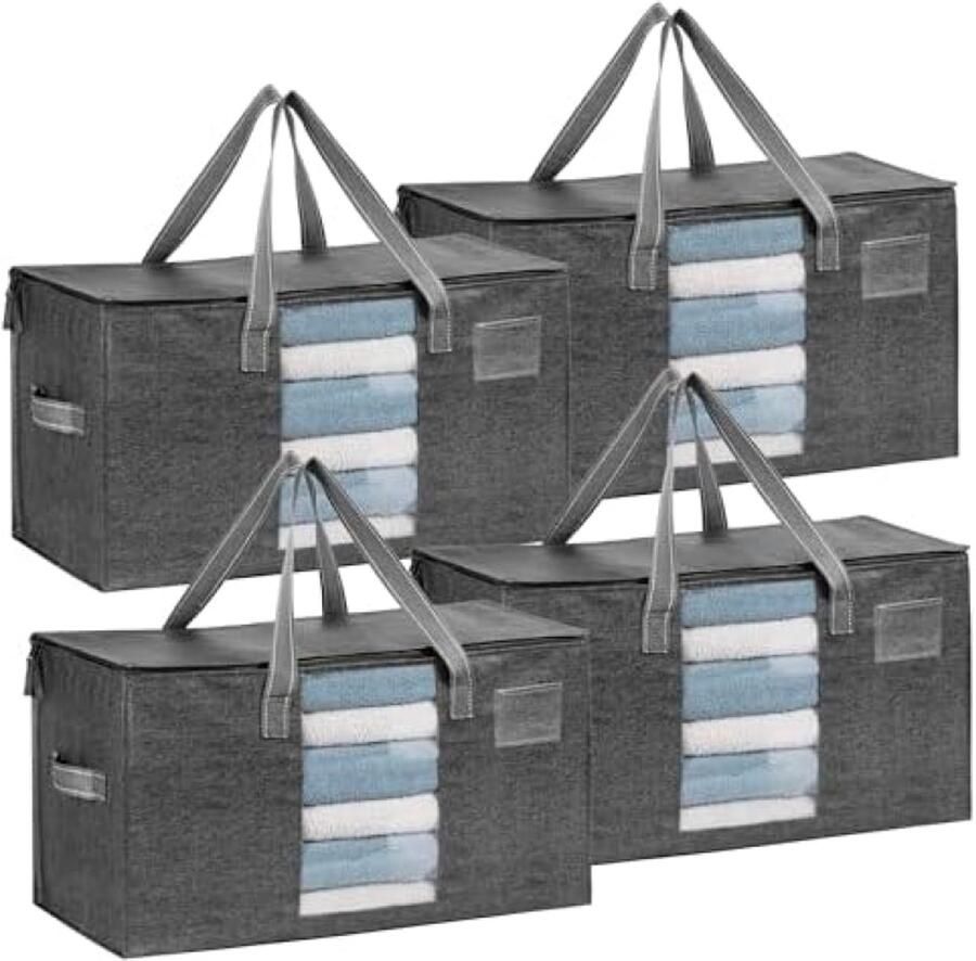 Selbro 4-pack extra grote verhuiszakken kledingopbergzakken voor dekens en beddengoed waterdichte onderbed opbergdozen waszakken organizer (grijs 4 stuks)