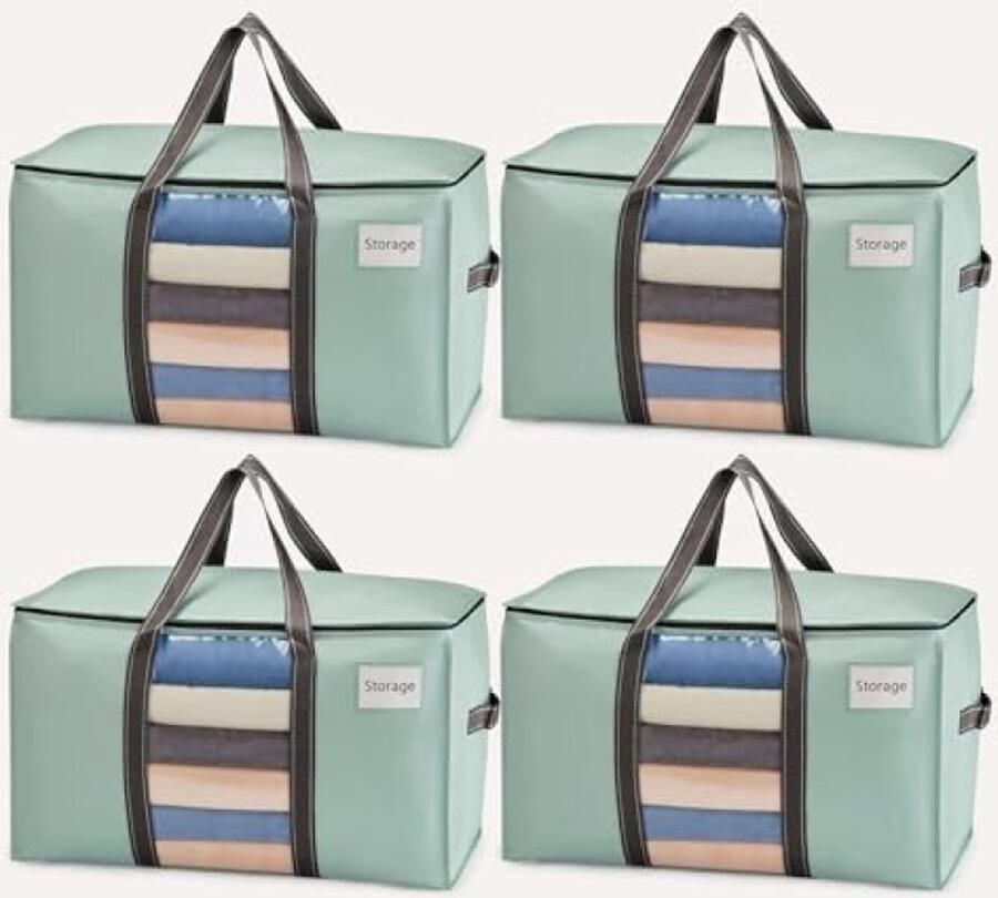 Selbro 4 stuks 95 liter opbergtassen verhuisdozen met versterkte handgrepen kledingkastorganizer opbergdoos met deksel voor kleding dekens en meer lichtgroen