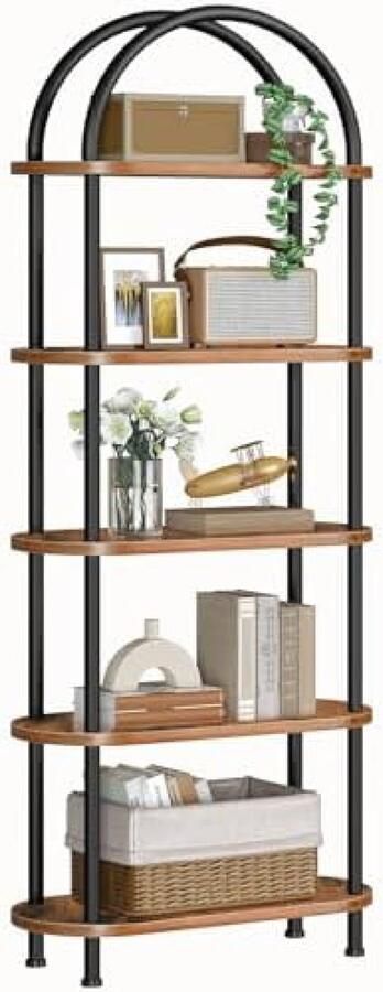 Selbro 5-laagse Industriële Boekenplank met Stalen Frame Rustieke Bruine Houten Planken Eenvoudige Montage Geschikt voor Woonkamer Kantoor of Balkon