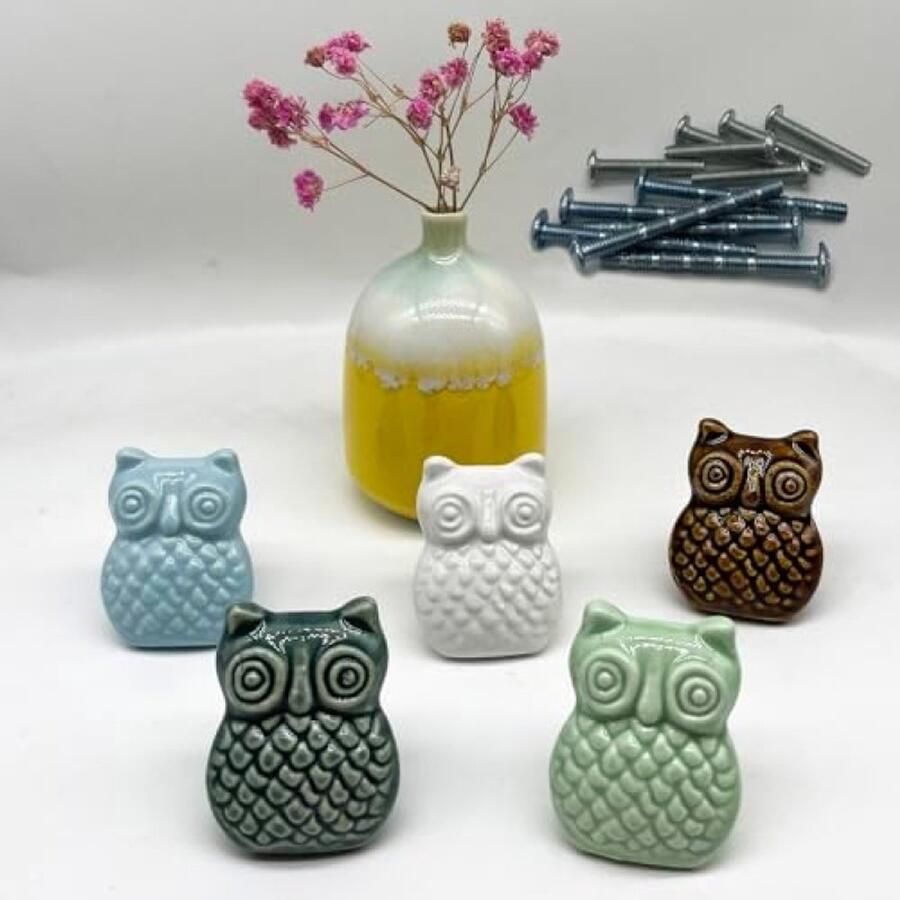Selbro 5 stuks Uilen Porseleinen Knoppen Keramische Handgrepen voor Meubels en Doe-Het-Zelf Projecten