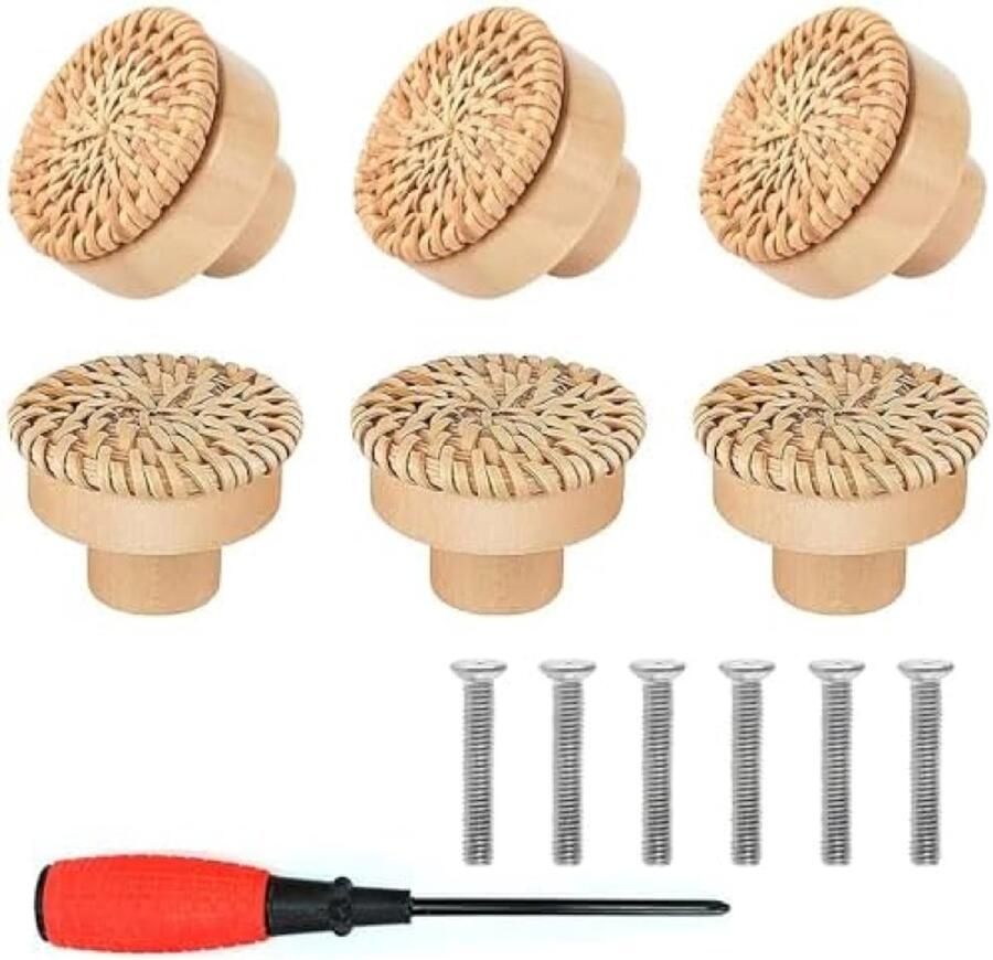 Selbro 6 stuks houten meubelknoppen met rotan natuurlijke kastknoppen met schroeven boho-decoratie voor kasten en laden