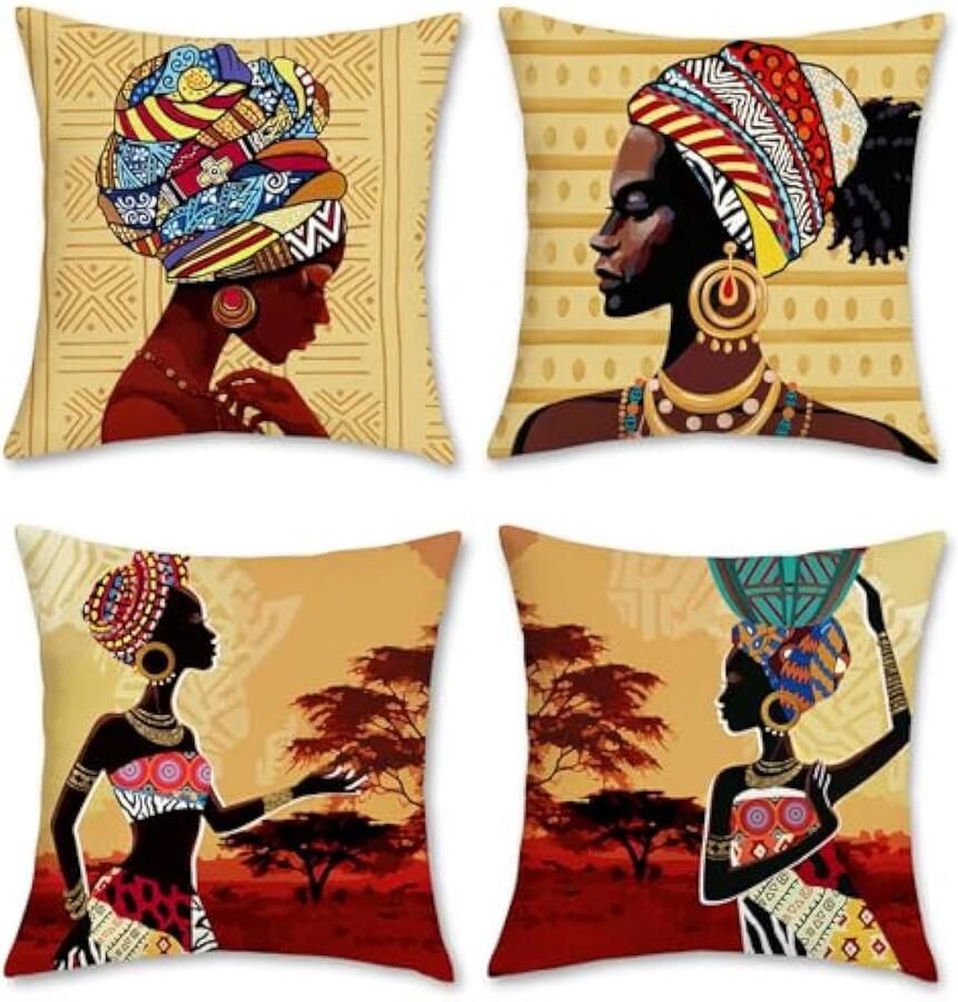 Selbro Afrikaanse Vrouwen Kussenslopen 45 x 45 cm Dubbelzijdige Tribal Etnische Zwarte Meisjes Decoratieve Accent SierKussenslopen Polyester Linnen Kussenslopen voor Slaapbank Thuis Patio Decor Set