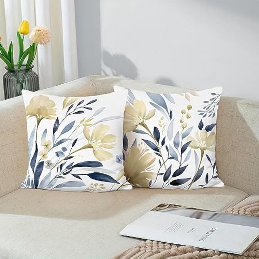 Selbro Aquarel Bloemen Kussenslopen 45 x 45 cm Geel Blauw Bloem Decoratieve SierKussenhoezen Zachte Fluwelen Kussenslopen voor Slaapbank Thuis Tuin Patio Decor Set van 2