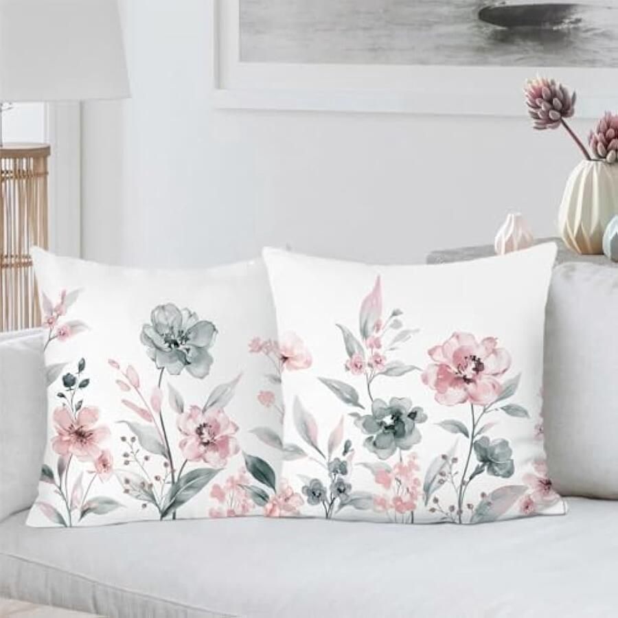 Selbro Aquarel Bloemen Kussenslopen 45 x 45 cm Grijs Roze Bloemen Abstract Moderne Decoratieve SierKussenhoezen voor Sofa Bank Bed Thuis Tuin Patio Decor Set van 2