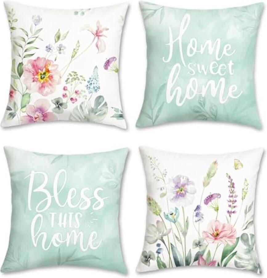 Selbro Aquarel Bloemen Kussenslopen 45 x 45 cm Paars Roze Bloemen Bladeren Teal Decoratieve SierKussenslopen voor Sofa Bank Bed Thuis Tuin Patio Decor Set van 4
