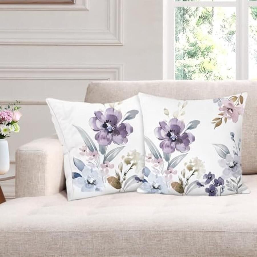 Selbro Aquarel Bloemen Kussenslopen 45 x 45 cm Paarse Bloemen Decoratieve Kussenslopen Fluwelen Kussenslopen voor Slaapbank Thuis Tuin Patio Decor Set van 2