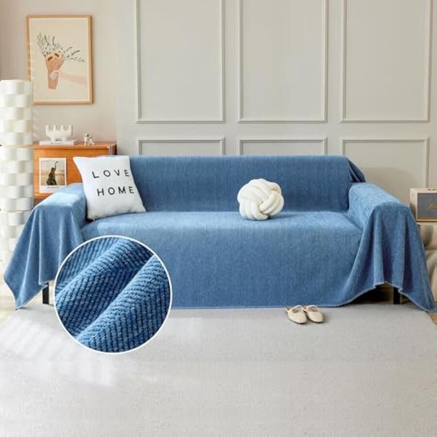 Selbro Bankhoes 2- of 3-zits visgraat chenille-hoekbankhoes wasbare L-vormige bankhoezen sectionele bankhoes met kwastjes meubeeschermer voor loveseat futon hoes B blauw 180 x 300 cm