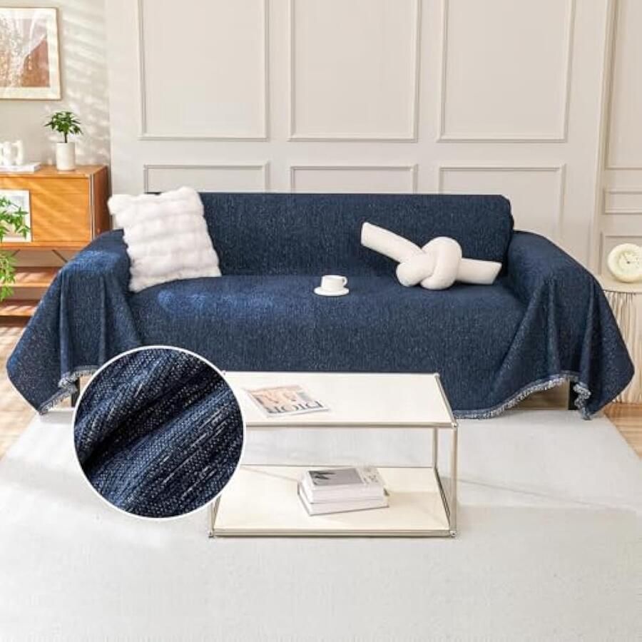 Selbro Bankhoes 2- of 3-zitsbank boho chenille hoekbankhoes wasbare hoes voor modulaire bank met kwastjes L-vormige bankhoezen omkeerbare meubeeschermer A marineblauw 180 x 300 cm