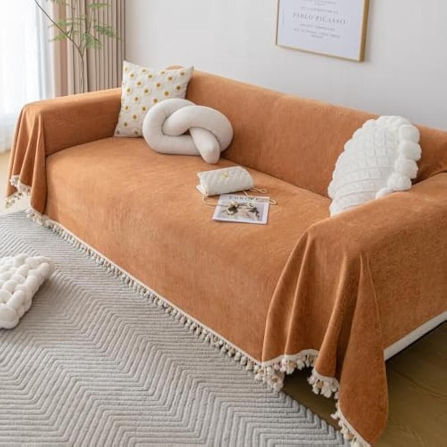 Selbro Bankhoes Chenille-hoekbankhoes 1- 2- 3- 4-zits wasbare L-vormige bankhoezen voor modulaire bank met kwastjes meubeeschermer voor Pet Loveseat Oranje 180 x 380 cm
