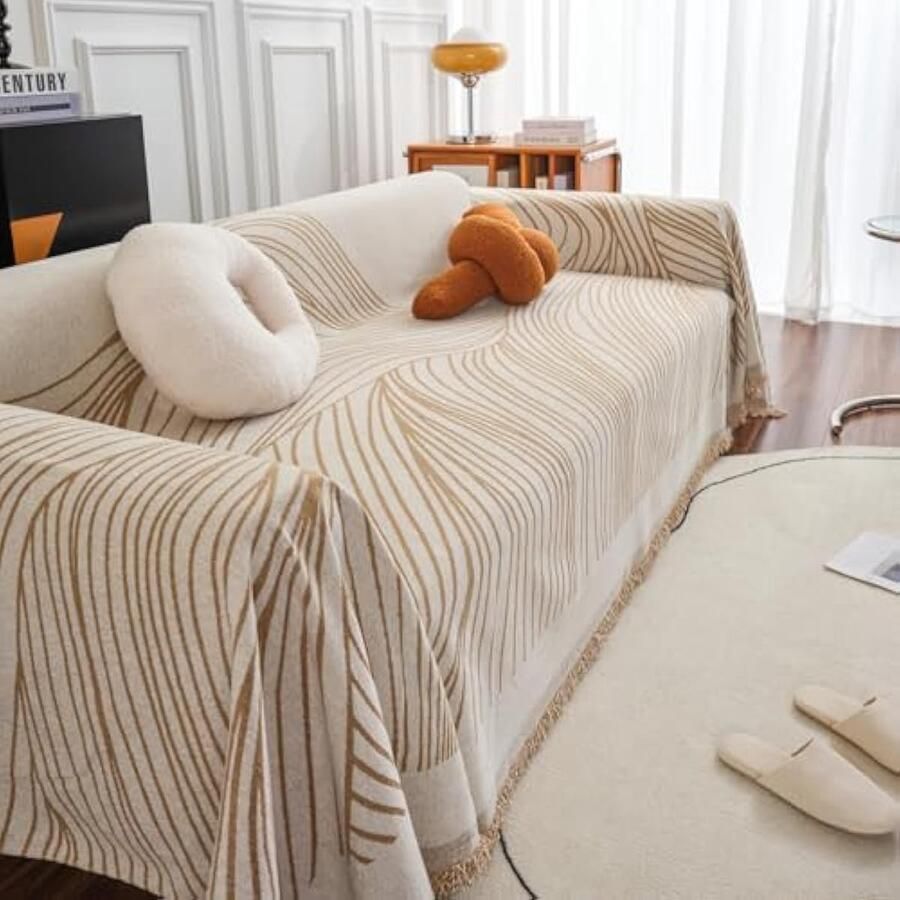 Selbro Bankhoes Chenille-hoekbankhoes 1- 2- 3- 4-zitsbank wasbare L-vormige bankhoezen voor modulaire bank met kwastjes meubeeschermer voor huisdier loveseat futon beige 180 x 260 cm