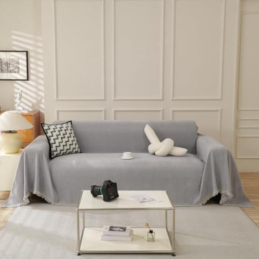 Selbro Bankhoes voor 1- 2- 3- 4-zitsbank boho chenille hoekbank wasbare L-vormige bankhoezen omkeerbare hoes voor modulaire bank met kwastjes meubeeschermer lichtdonker 180 x 380 cm