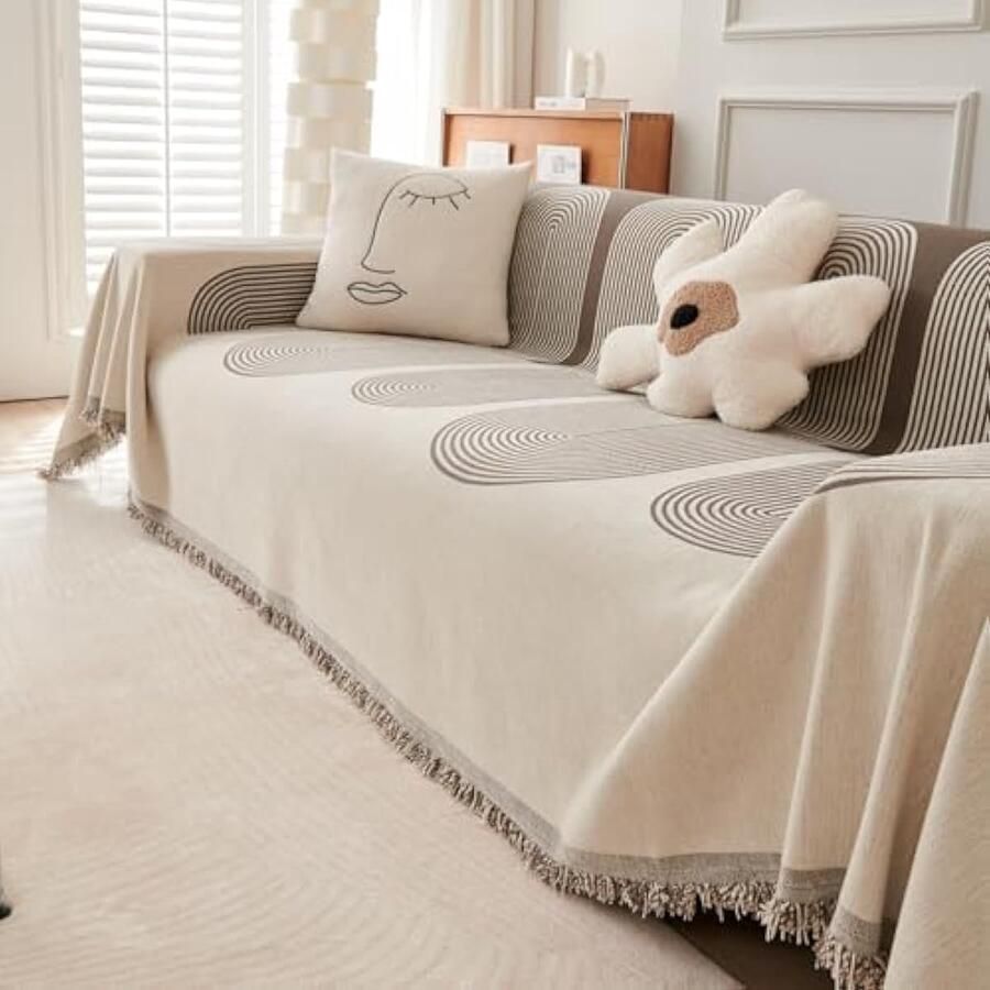 Selbro Bankhoes voor 1- 2- 3- 4-zitsbank boho chenille-hoekbank wasbare L-vormige bankhoezen omkeerbare hoes voor modulaire bank met kwastjes meubeeschermer Koffie-180 x 380 cm