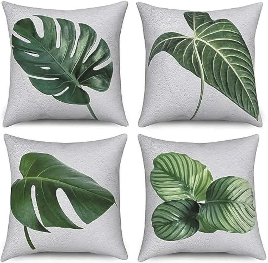 Selbro Bladeren kussensloop 40 x 40 cm set van 4 modern eenvoudig groen bladeren wit voor bank sierkussen wasbaar polyester vlas textiel outdoor bekleding