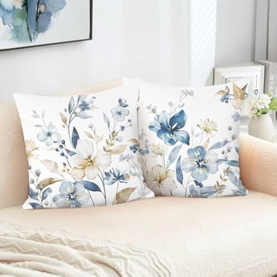 Selbro Blauwe bloemen Kussenhoezen 45 x 45 cm aquarel bloemen bladeren decoratief sierKussenslopen Kussenslopen voor bank bed huis tuin patio decor set van 2