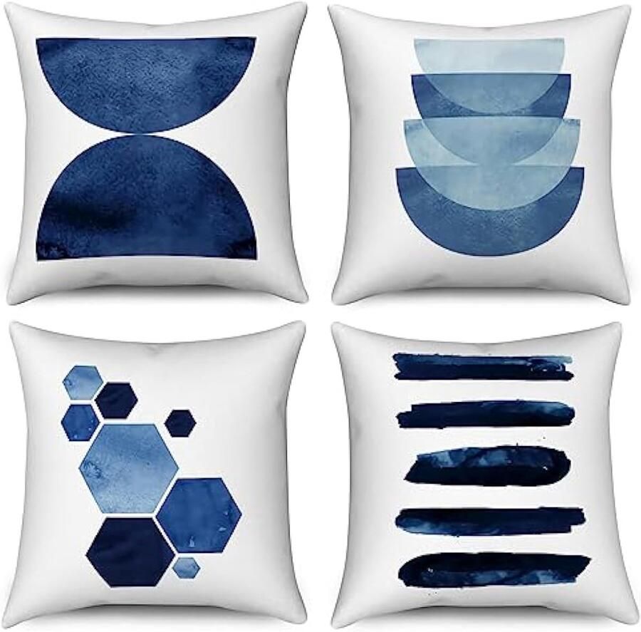 Selbro Blauwe Kussenslopen 40 x 40 cm set van 4 abstract marineblauw geometrische decoratieve Kussenhoezen minimalistische moderne kunst esthetische linnen Kussenslopen voor bank outdoor woondecoratie