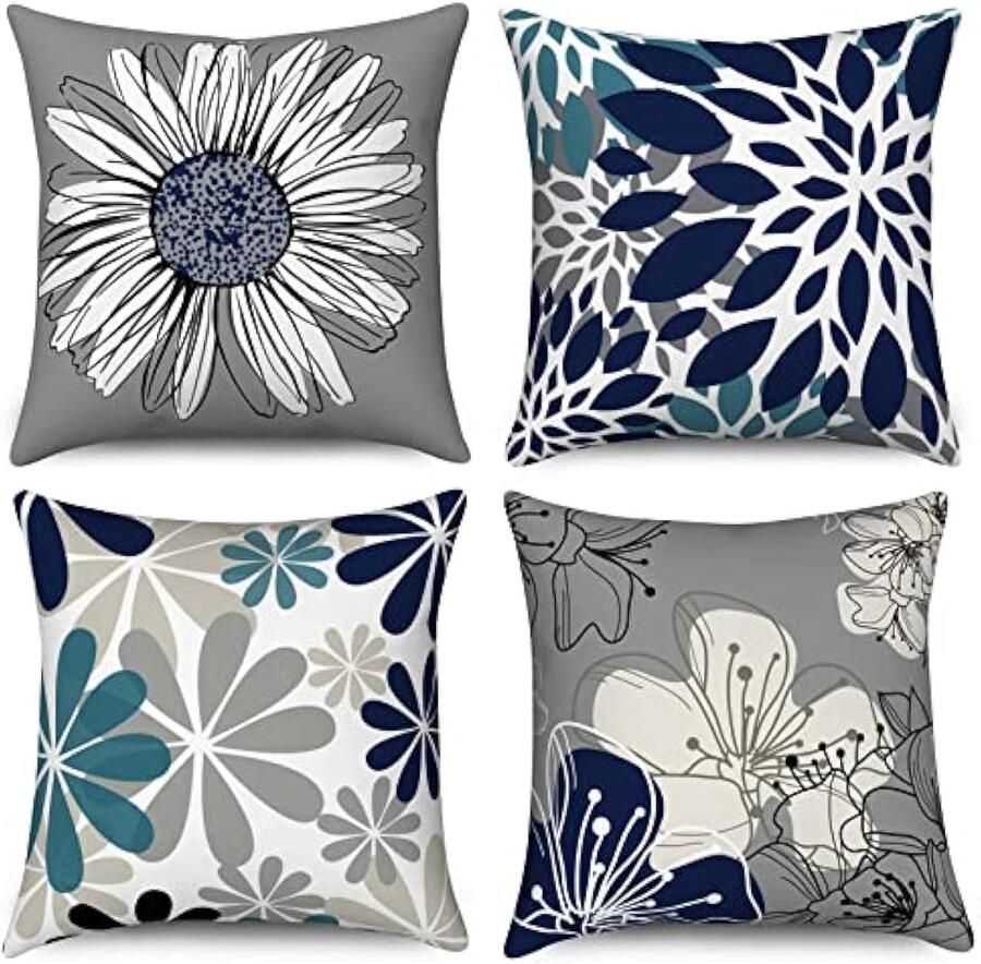 Selbro Blauwe Kussenslopen 40 x 40 cm set van 4 marineblauw en grijs bloemen decoratieve Kussenhoezen moderne madeliefje boerderij linnen Kussenslopen voor bank tuin buiten woondecoratie