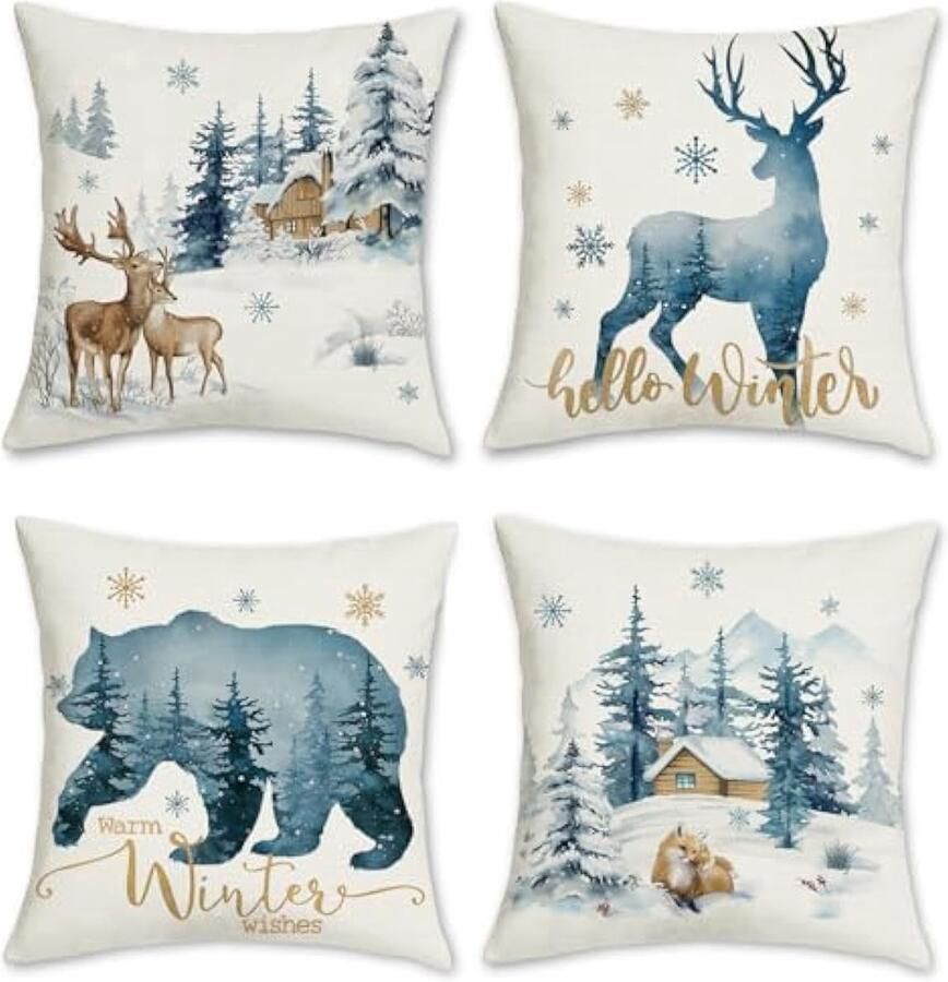 Selbro Blauwe rendier Kussenslopen 45 x 45 cm bier hert sneeuw dennenboom decoratieve sierKussenslopen polyester linnen Kussenslopen voor slaapbank winter vakantie decor set van 4