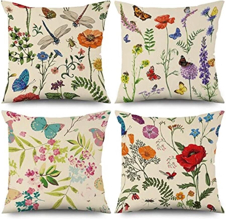 Selbro Bloem Kussensloop 40 x 40 cm set van 4 verse bloemen groene bladeren beige voor bank sierkussen wasbaar polyester vlas textiel outdoor bekleding kussensloop