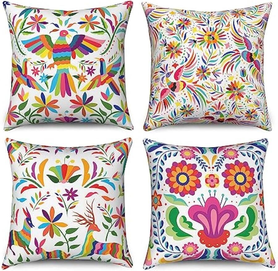 Selbro Bloemen Kussenhoezen 40 x 40 cm set van 4 exotische kleurrijke etnische vogels bloemen decoratieve Kussenhoezen esthetische kunst linnen Kussenslopen voor slaapbank bankbed tuin buiten