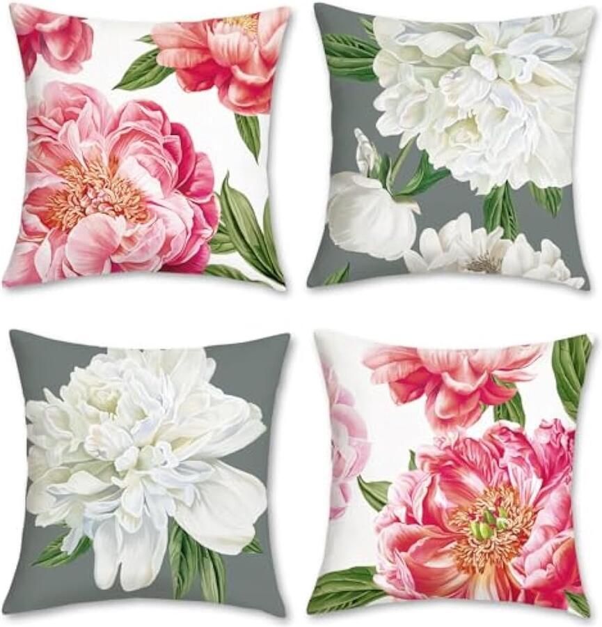 Selbro Bloemen Kussenhoezen 45 x 45 cm roze witte pioenroos bloem decoratief sierKussenslopen voor bank huis tuin decor set van 4