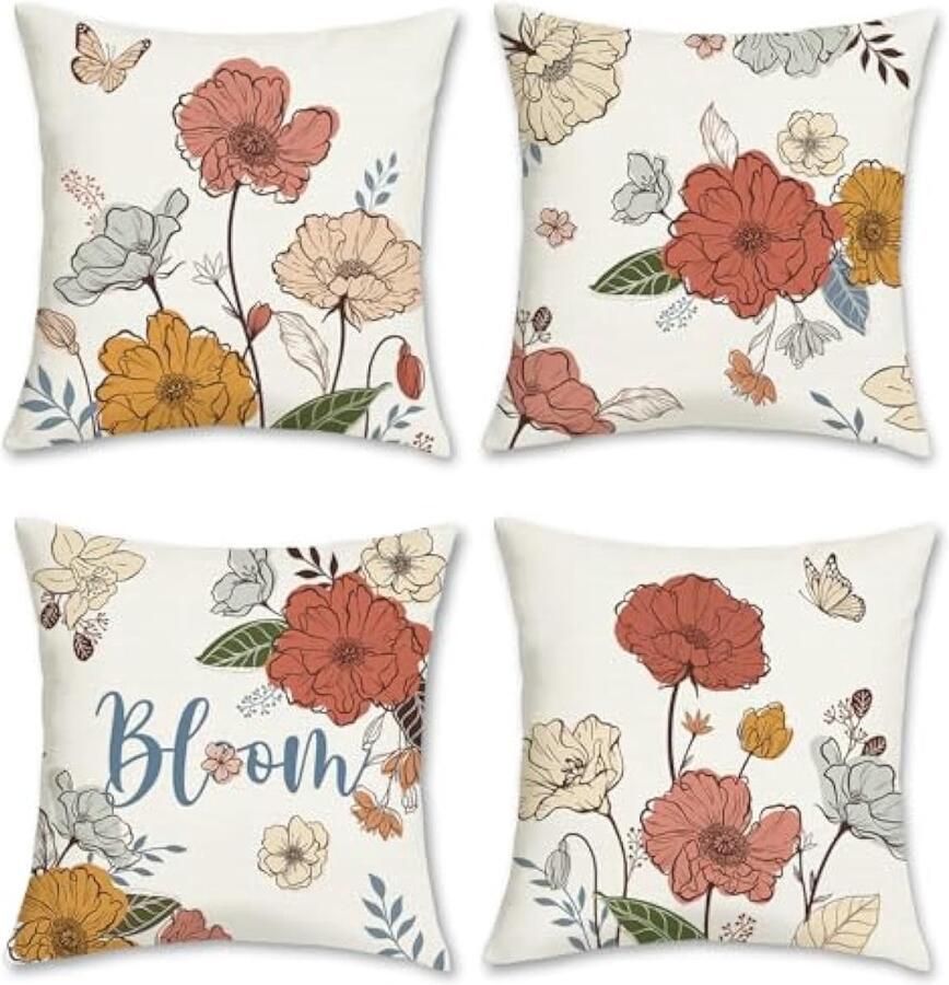 Selbro Bloemen Kussenslopen 45 x 45 cm Kleurrijke Vlinders Bloemen Decoratieve SierKussenhoezen voor Sofa Bank Bed Thuis Tuin Outdoor Decor Set van 4