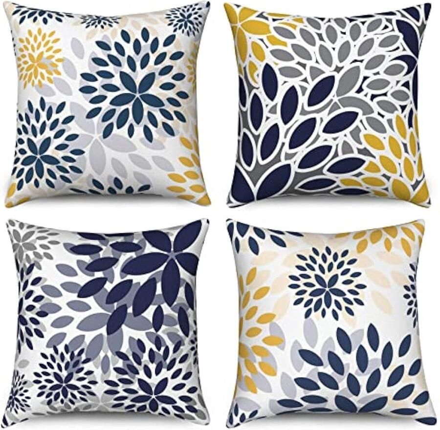 Selbro BloemenKussenslopen 40 x 40 cm Set van 4 Decoratieve Kussenslopen Marineblauw Geel en Grijs Bloem Moderne Boerderij Linnen Kussenslopen voor Bank Tuin Buiten Woondecoratie