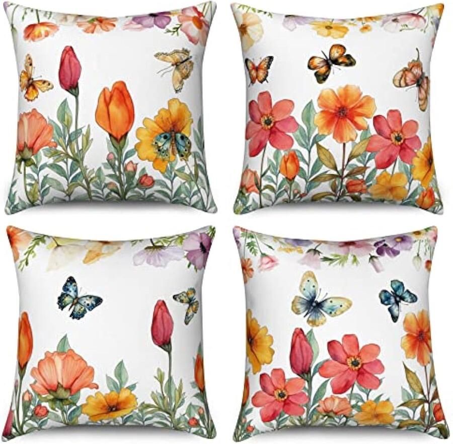 Selbro BloemenKussenslopen 45 x 45 cm set van 4 boerderij tuin terras kleurrijke bloemen vlinder decoratieve Kussenslopen esthetisch linnen Kussenslopen voor sofa bank buiten woondecoratie