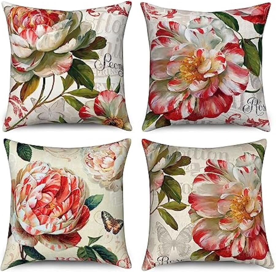 Selbro Boerderij Vintage Rode Roos Bloei Pioenroos Bloem Vlinder Decoratieve Kussenslopen Esthetisch Linnen Kussenslopen voor Bank Tuin Outdoor Woondecoratie