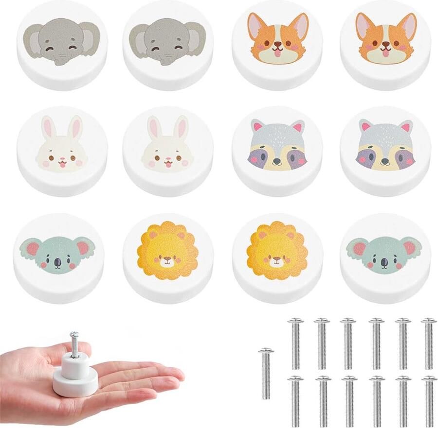 Selbro Charmante Diermotief Houten Knoppen voor Kasten en Laden Set van 12