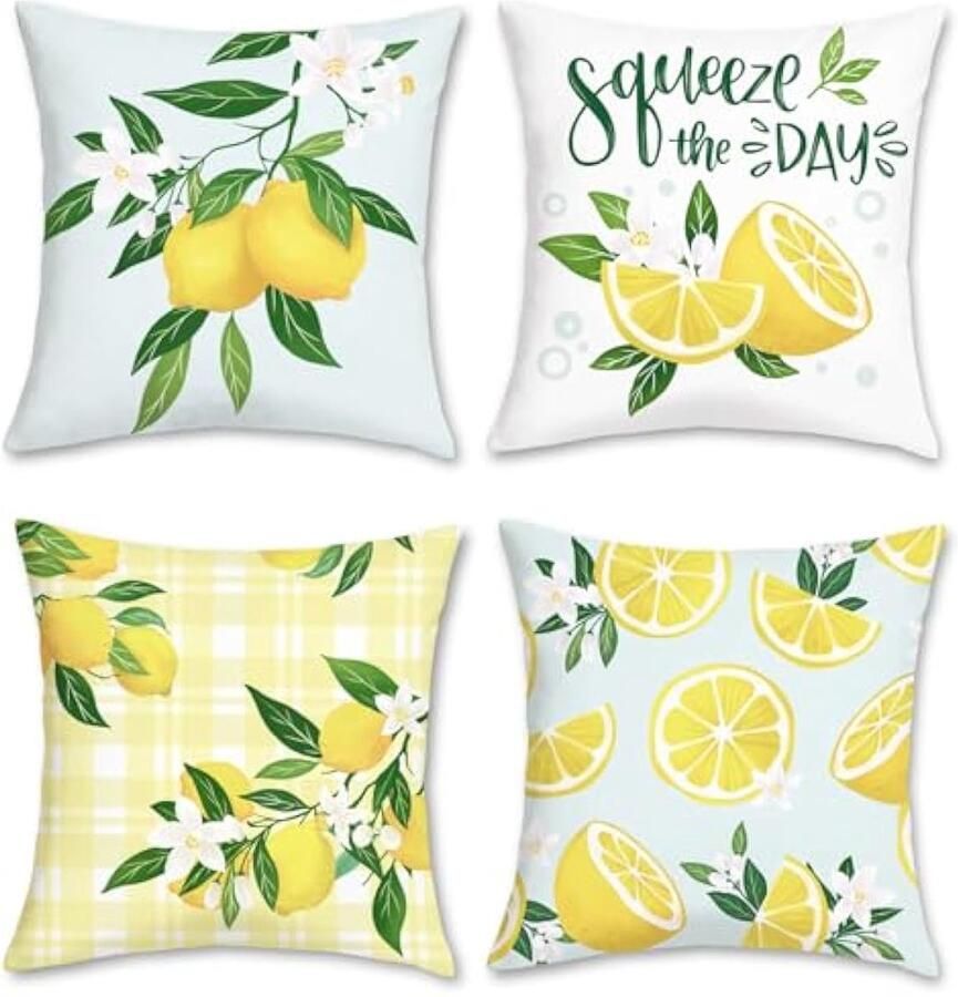 Selbro Citroen Kussenhoezen 45 x 45 cm fruit dubbelzijdig decoratieve sierKussenslopen boerderij Kussenslopen voor bank terras tuin woondecoratie set van 4