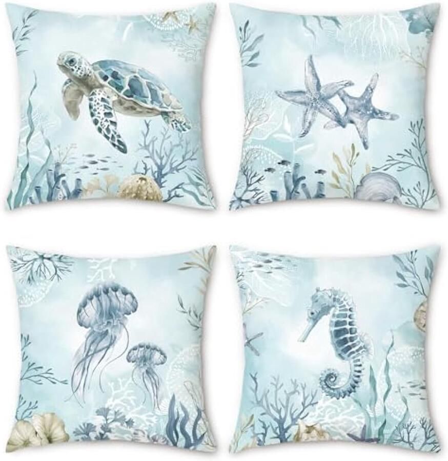 Selbro Coastal Blue Kussenhoezen 45 x 45 cm zeeschildpad zeepaardje zeester strand decoratieve sierKussenslopen oceaan Kussenslopen voor slaapbank thuis patio decoratie set van 4