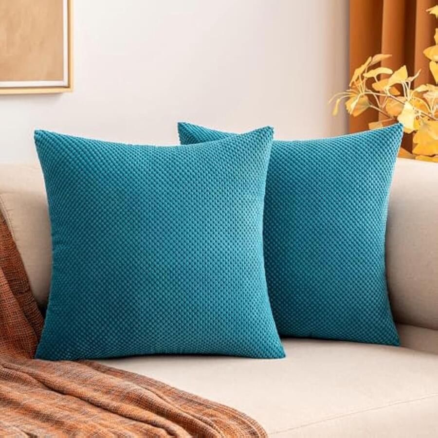 Selbro Corduroy Kussenhoes Korrelstof Kussenhoes Vierkant Effen Kussenhoes voor Bank Stoel Bank Slaapkamer Decoratieve Kussenslopen met Onzichtbare Ritssluiting 2 Stuks Meerblauw 16x16 Inch 40x40cm
