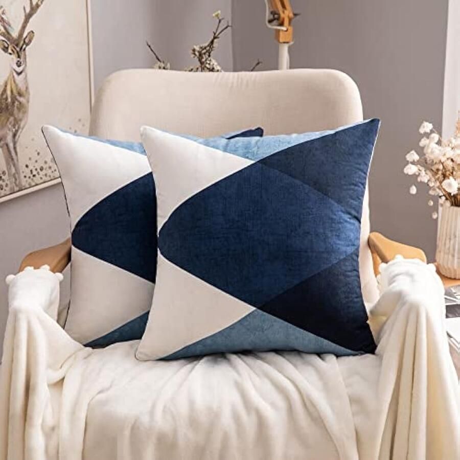 Selbro Decoratieve geometrische vierkante kussenhoezen met zachte suède print voor bank woonkamer bed met verborgen rits 40 x 40 cm blauw verpakking van 2