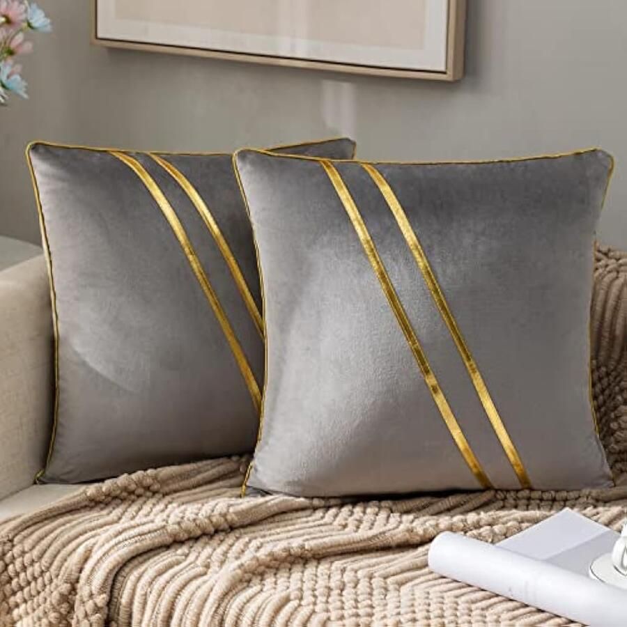 Selbro Decoratieve kussenslopen vierkant 45 x 45 cm patchwork met goudkleurige leer modern voor thuis bank slaapkamer woonkamer auto grijs 2 stuks