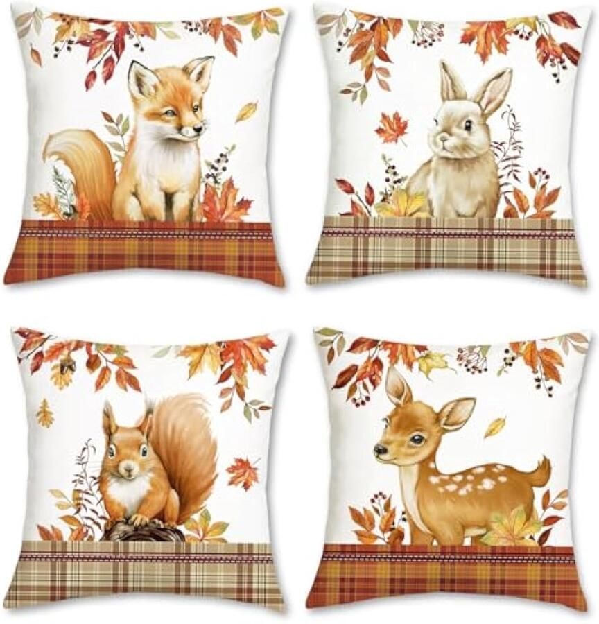 Selbro Dieren sierKussenslopen 45 x 45 cm vossenherten eekhoorn konijn plaid zacht fluwelen decoratief Kussenslopen voor bank slaapbank woondecoratie set van 4