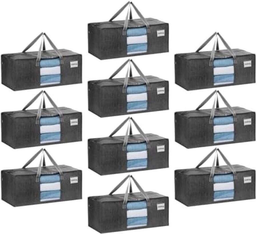 Selbro Extra grote verhuiszakken van 87 liter met sterke handgrepen en ritssluitingen opvouwbare opbergtas kledingopslag waszakken voor verplaatsen reizen kamperen (grijs raam verpakking van 10)