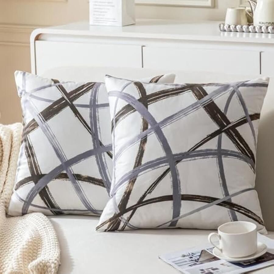Selbro Fluwelen Kussenhoezen decoratieve kussenhoezen geometrische lijnen abstract bruin en grijs vierkante kussens voor bank slaapkamer thuis 45 x 45 cm set van 2