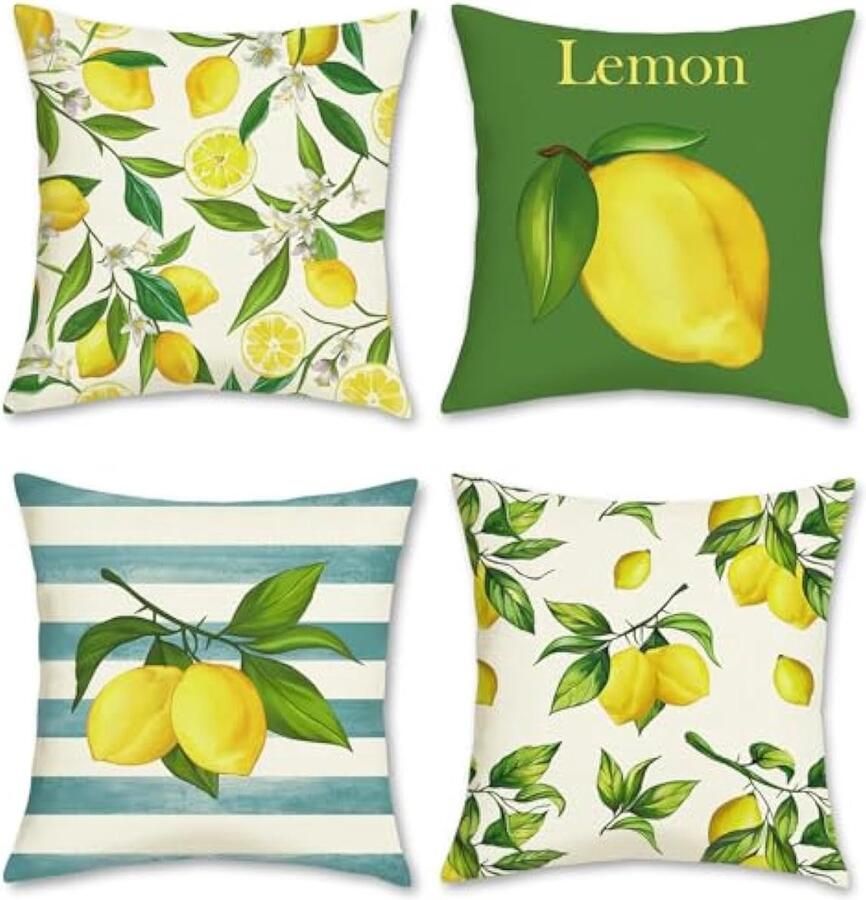 Selbro Gele citroenen met groene bladeren Kussenhoezen 45 x 45 cm set van 4 boerderij decoratieve sierKussenslopen katoenen linnen Kussenslopen voor bank auto slaapkamer woondecoratie 45 cm x 45