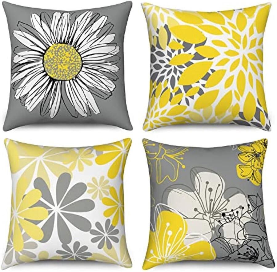 Selbro Gele Kussenhoezen 40 x 40 cm set van 4 geel en grijs bloemen decoratieve Kussenhoezen moderne madeliefje boerderij linnen Kussenslopen voor bank tuin buiten huisdecoratie
