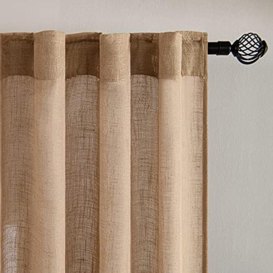 Selbro Gordijnen met ruches Voile Gordijn Modern Linnenlook Semi-Transparant voor Woonkamer Slaapkamer Kinderkamer Room Divider Schuifgordijn Set van 2 Bruin 215 x 140 cm