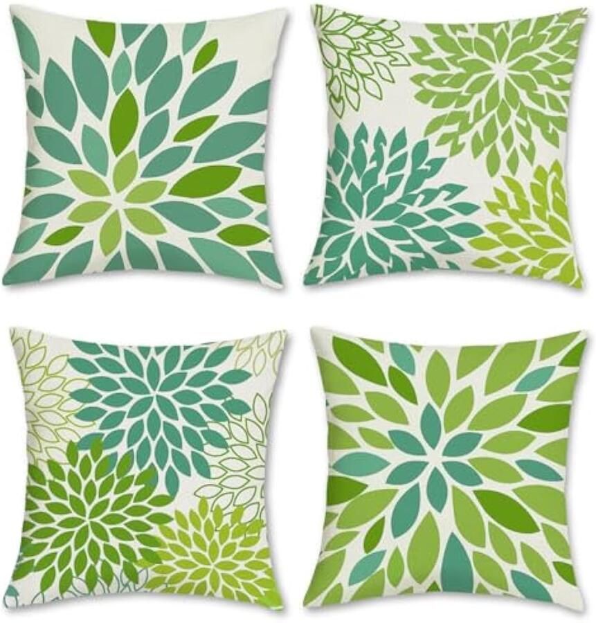 Selbro Groene dahlia bloem Kussenslopen 45 x 45 cm geometrische bloemen decoratief Kussenhoezen polyester linnen Kussenslopen voor bank binnen buiten decor set van 4