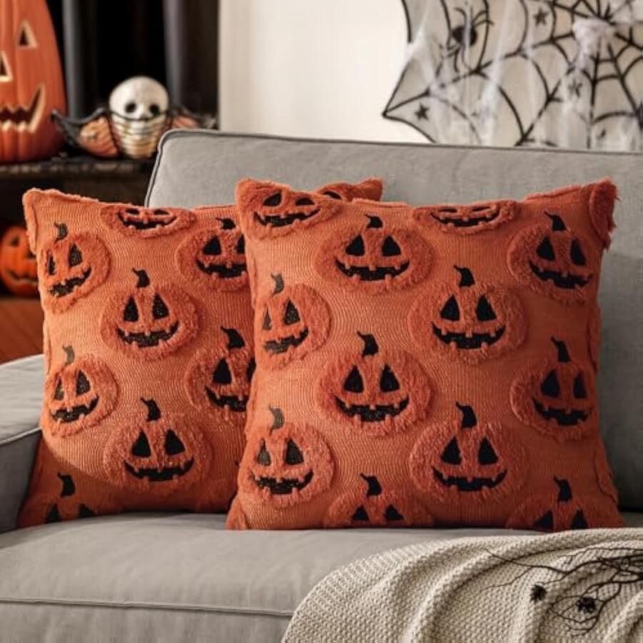 Selbro Halloween Kussenhoezen 45 x 45 cm Decoratieve Kussenslopen Griezelige Pompoen Zwarte Karamel Polyester Kussenhoezen voor Slaapbank Stoel Kussenhoesset voor Feestelijke Horror Sfeer
