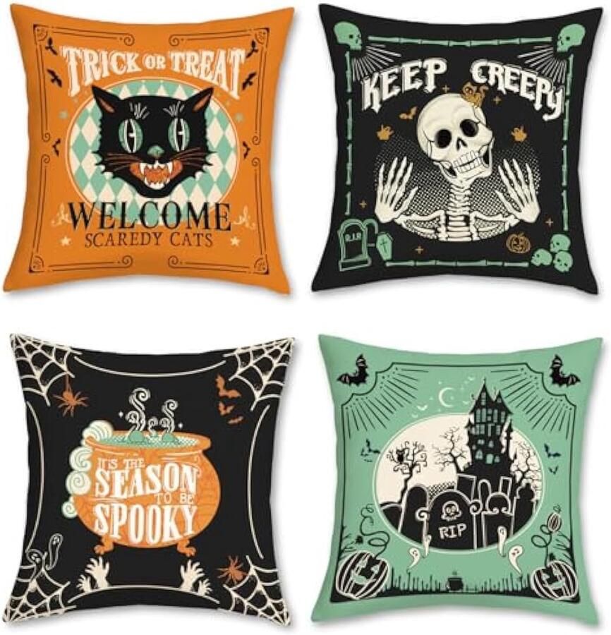 Selbro Halloween Kussenhoezen 45 x 45 cm gotische schedel kasteel zwarte kat groen oranje zacht fluweel decoratieve sierKussenslopen voor bank bed woondecoratie set van 4