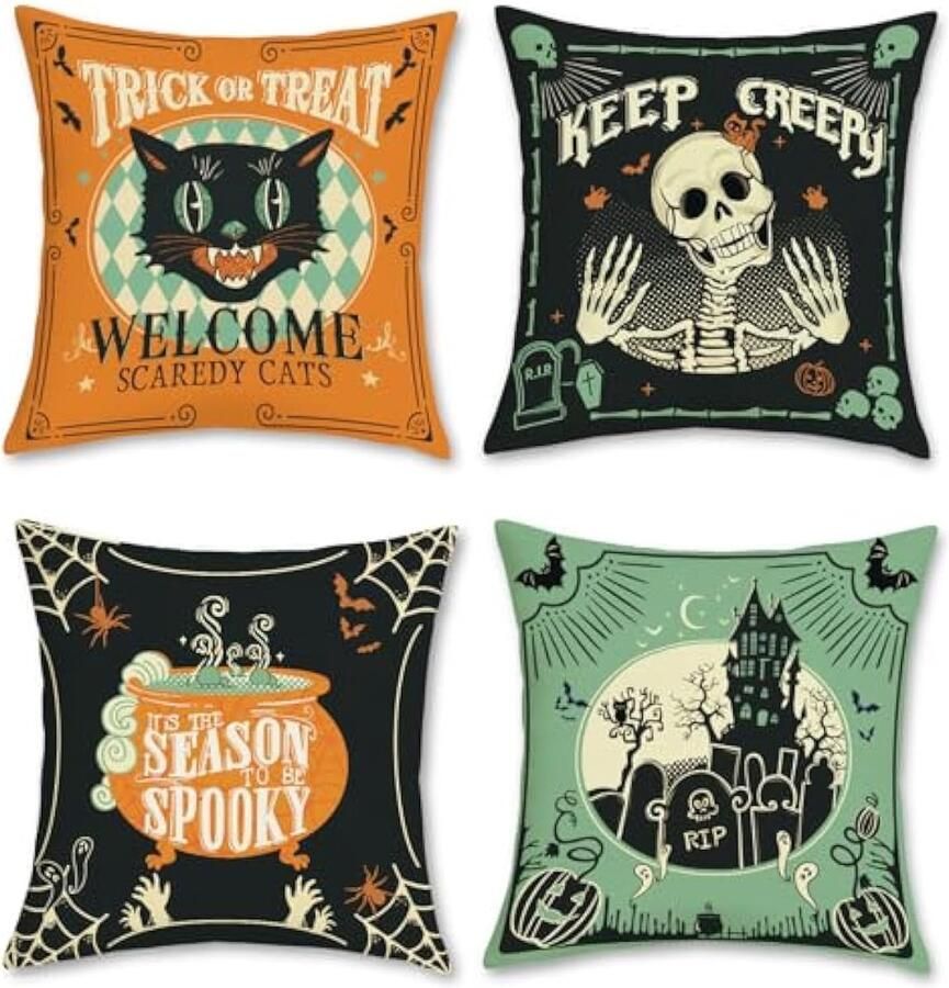 Selbro Halloween Kussenhoezen 45 x 45 cm gotische schedelkasteel zwarte kat groen oranje polyester linnen decoratief sierKussenslopen voor slaapbank thuis outdoor decor set van 4