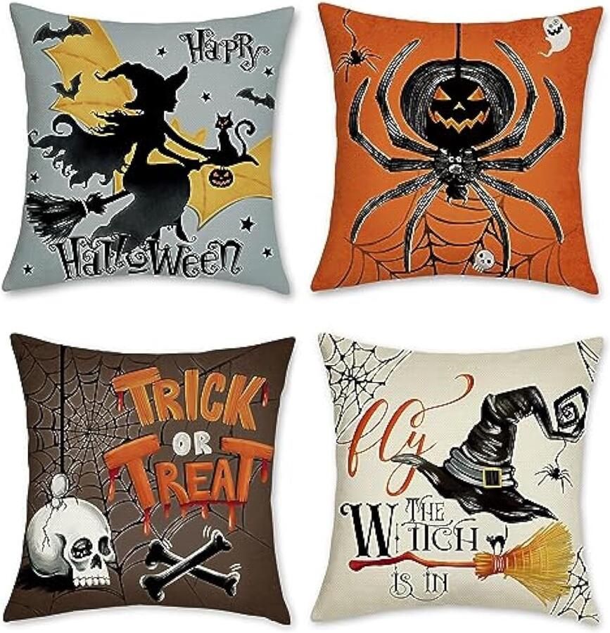 Selbro Halloween Kussenhoezen 45 x 45 cm heksenspin schedel trick or treat decoratieve sierKussenslopen polyester linnen Kussenslopen voor bank buiten Halloween decor set van 4